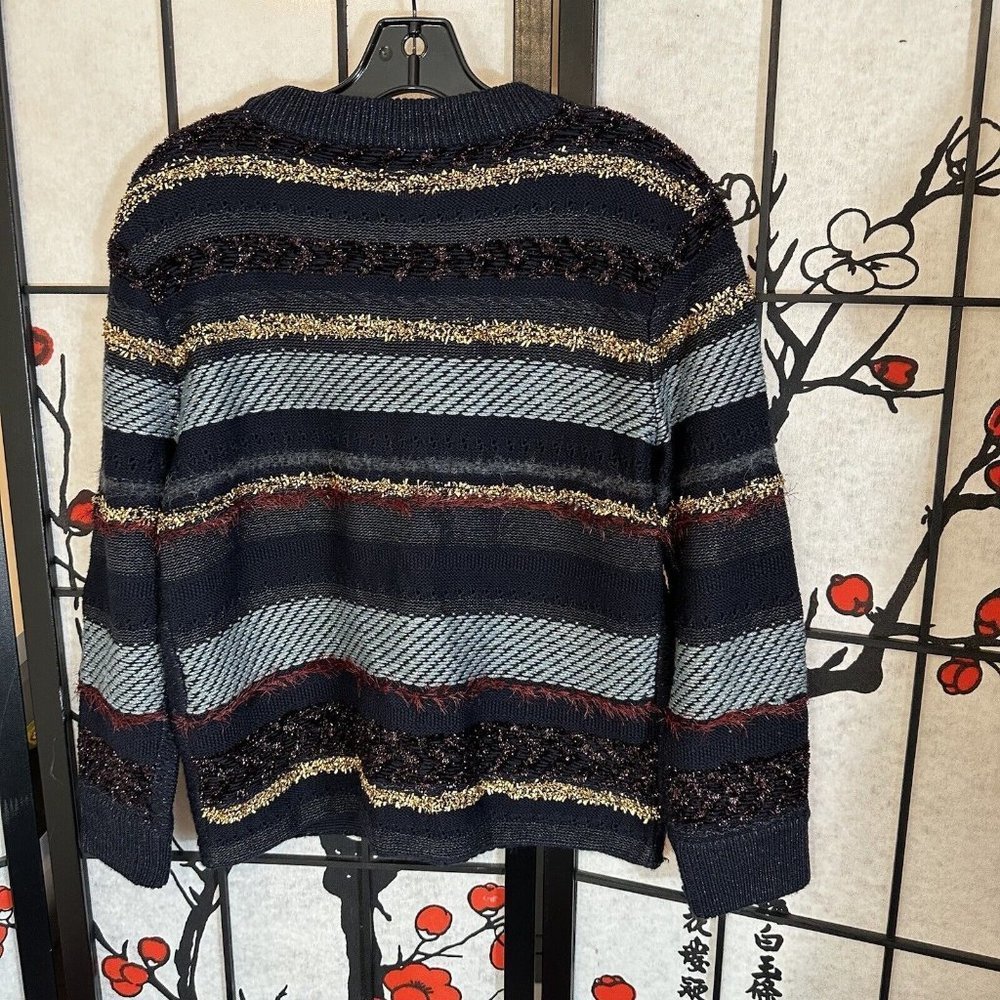 Tory Burch Sweater Stripe Metallic Merino Wool Alpaca Blend Danielle Navy Thick - Picture 10 of 11